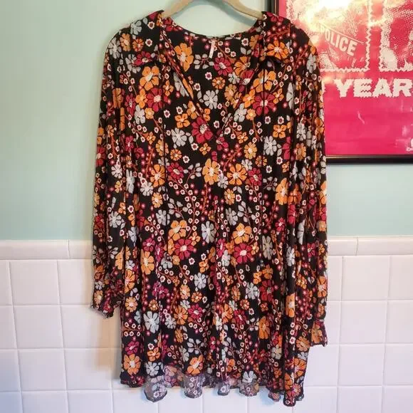 Free People Daisy Jane Long Sleeve Mini Dress Flowy Loose Fit Black Floral - Picture 13 of 13